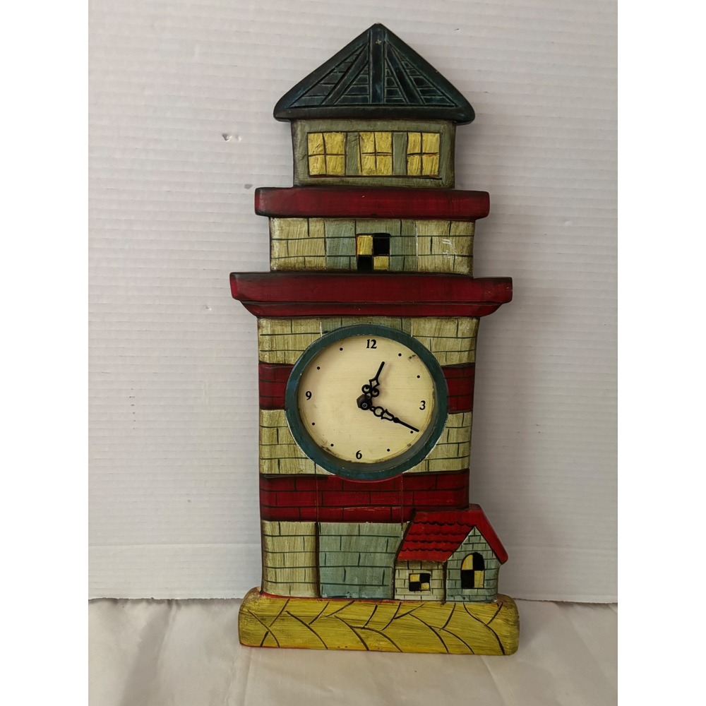 Vintage Nautical Lighthouse Wood Wall Clock Hand Painted Folk Art Coastal Decor
